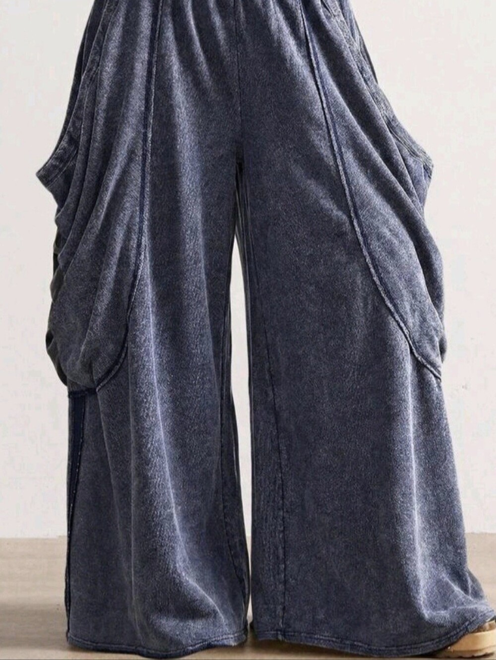 Draped Wide-Leg Boho Pants in Washed Plested Blue Elastic Plus Size XL Casual - Picture 1 of 7